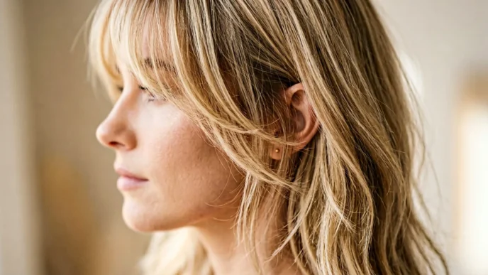 Woman with wispy layered bangs showing soft texture and movement in blonde hair