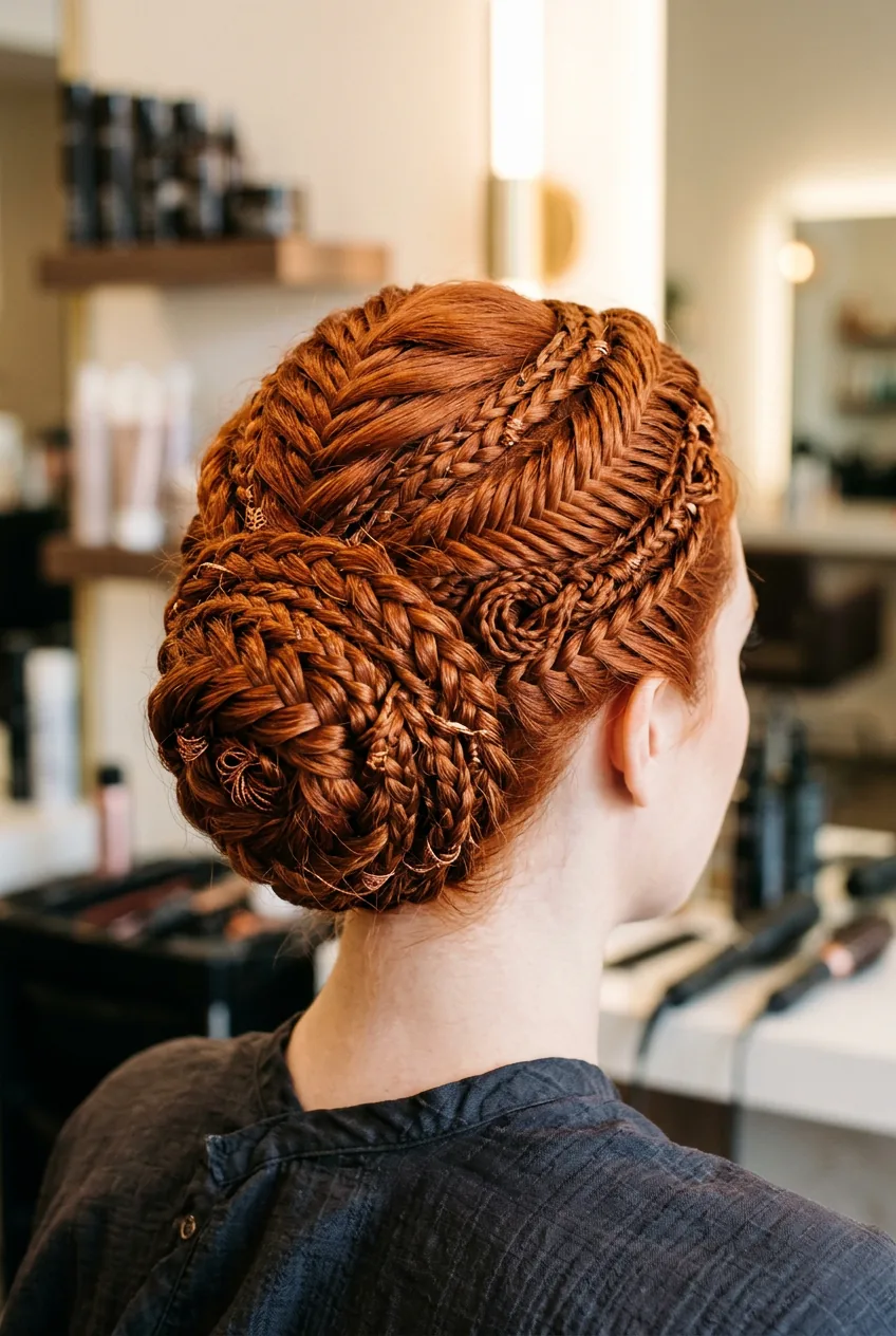 Intricate woven fantasy bun showing complex braided patterns in copper hair