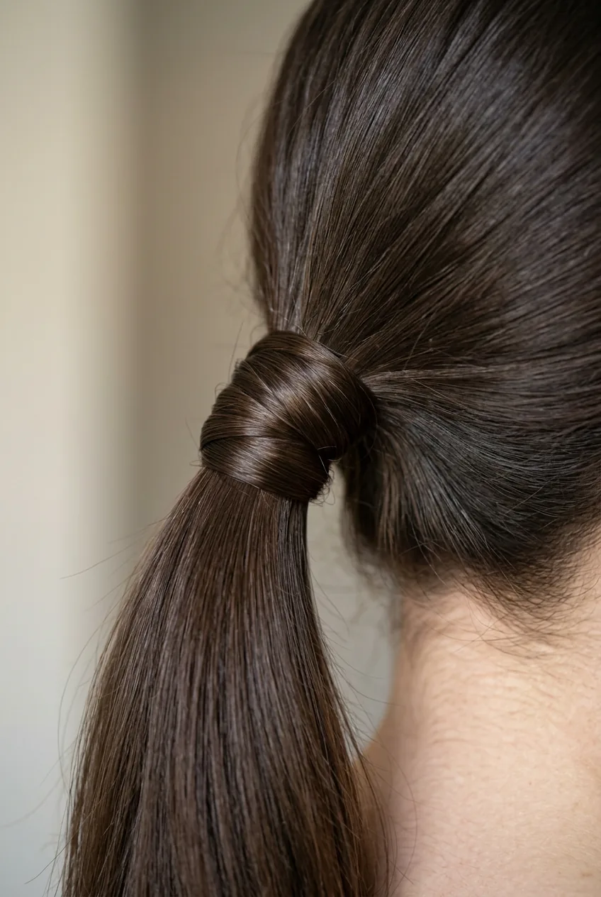 Detailed view of wrapped elastic technique with hair section completely hiding ponytail base