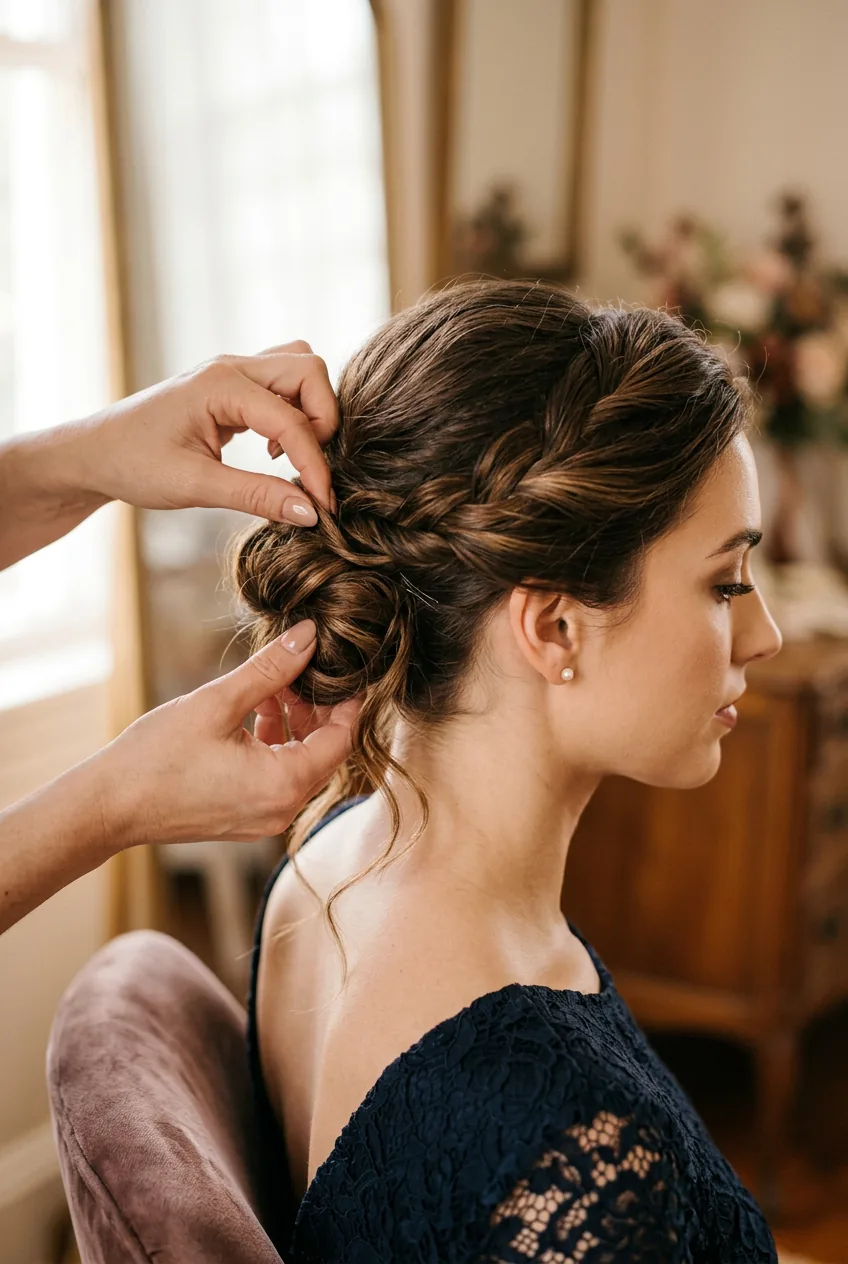 Hands wrapping loose hair ends around updo base while tucking final pieces under bun
