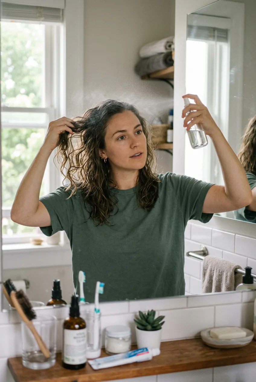 Morning hair refresh routine with woman misting second-day waves with water spray