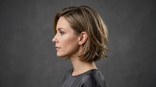 Woman with classic 90s layered bob showing feathered ends and jaw-length layers in elegant side profile studio shot