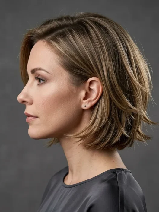 Woman with classic 90s layered bob showing feathered ends and jaw-length layers in elegant side profile studio shot