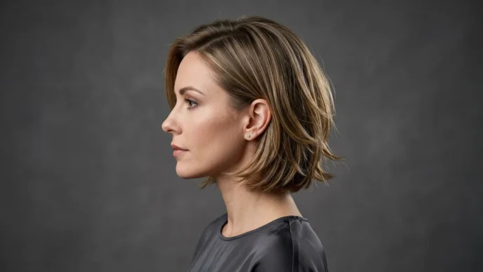 Woman with classic 90s layered bob showing feathered ends and jaw-length layers in elegant side profile studio shot
