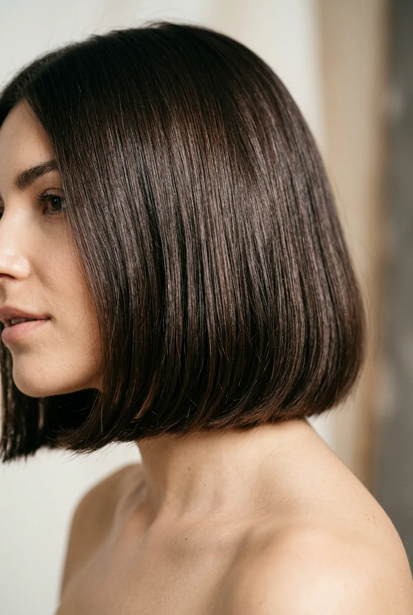 Blunt shoulder-length bob with dark brunette color and inward curve styling