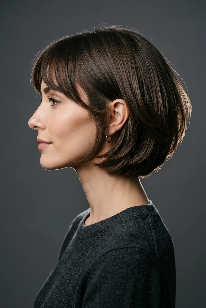 Woman with diamond face shape wearing 90s bob with layers fanning outward at cheekbones and side-swept fringe