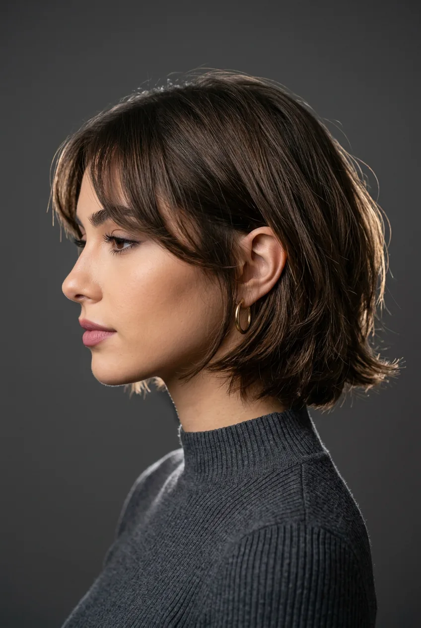 Woman with heart-shaped face wearing chin-length shaggy bob with curtain bangs and full layers at the jawline