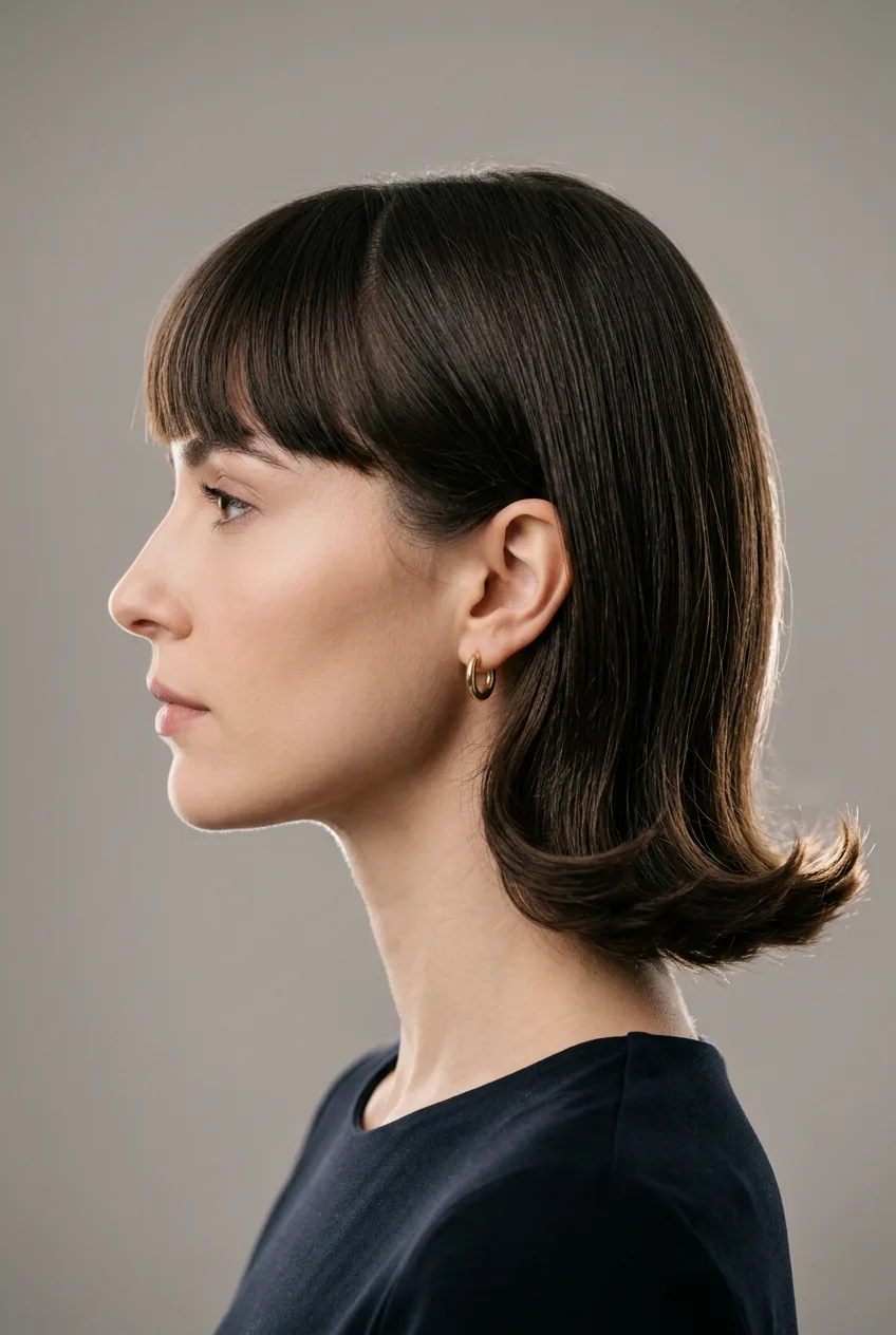 Woman with long face wearing 90s bob with outward-flicking chin-level ends and blunt fringe across the forehead