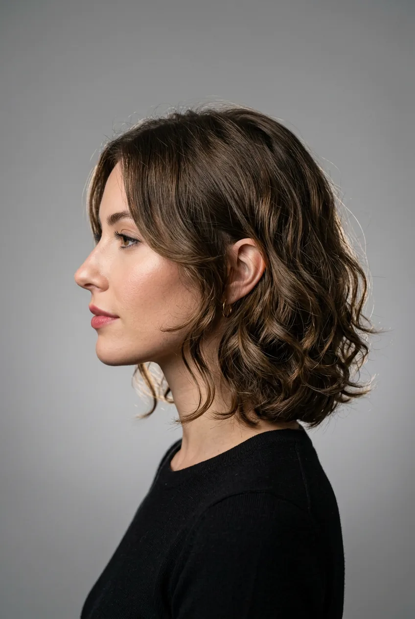 Woman with oblong face wearing naturally wavy 90s layered bob with soft roundness at cheeks and collarbone length