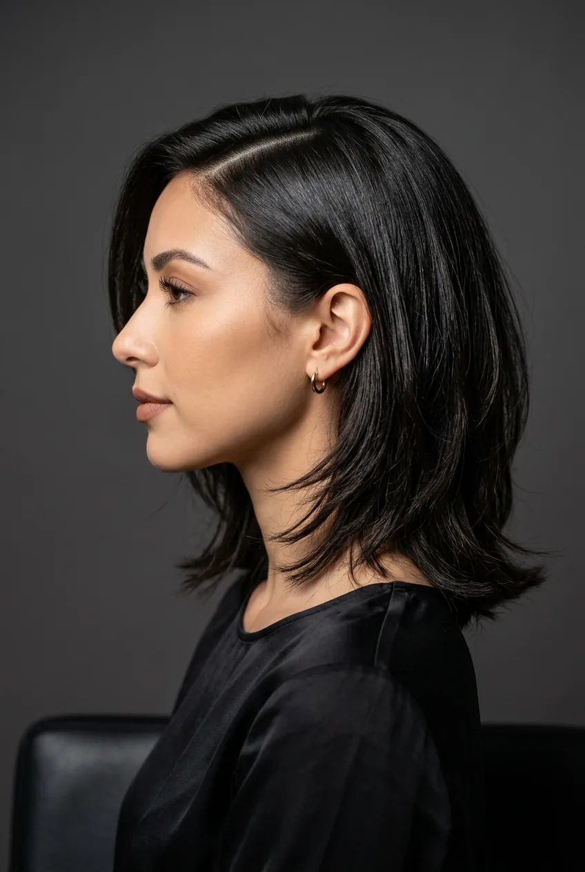 Woman with oval face wearing choppy textured 90s layered bob with interior layers and polished side part
