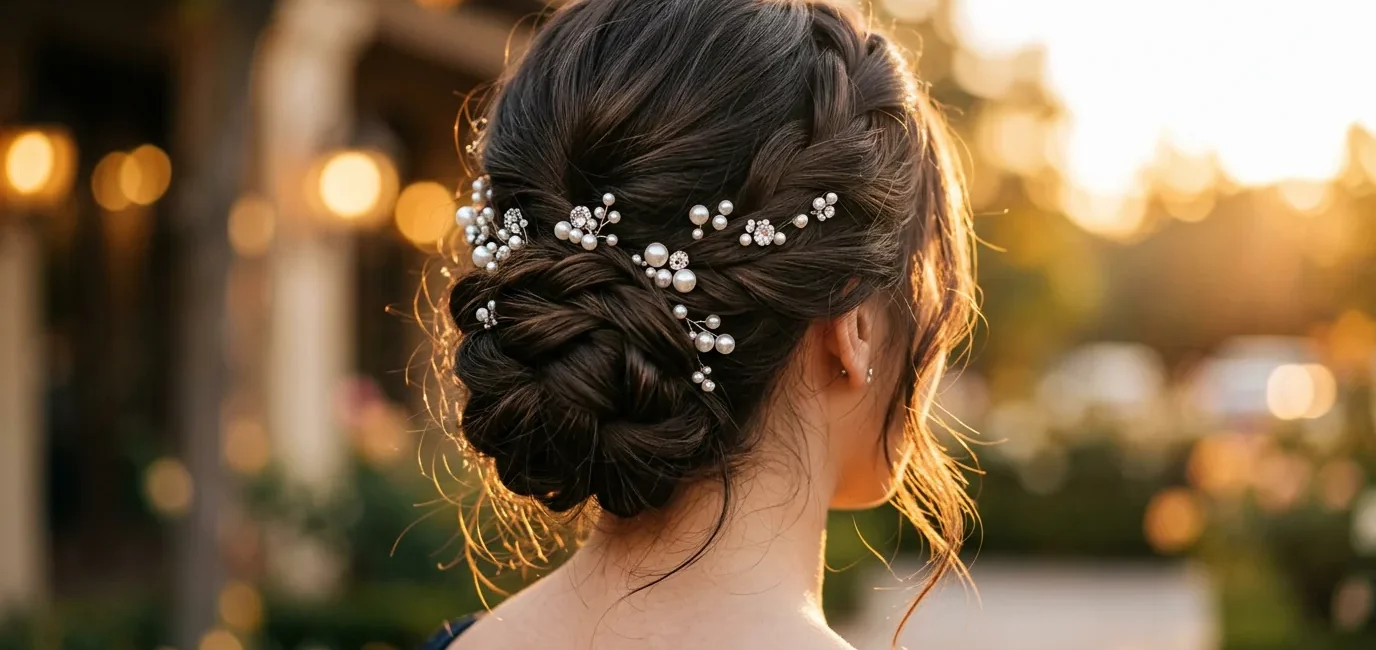 Sophisticated prom updo featuring multiple pearl hair pins nestled in elegant twisted styling