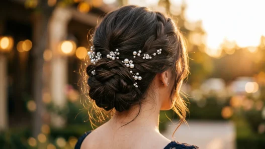 Sophisticated prom updo featuring multiple pearl hair pins nestled in elegant twisted styling
