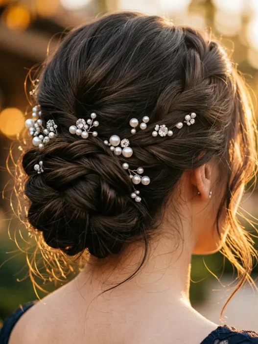Sophisticated prom updo featuring multiple pearl hair pins nestled in elegant twisted styling