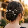 Sophisticated prom updo featuring multiple pearl hair pins nestled in elegant twisted styling