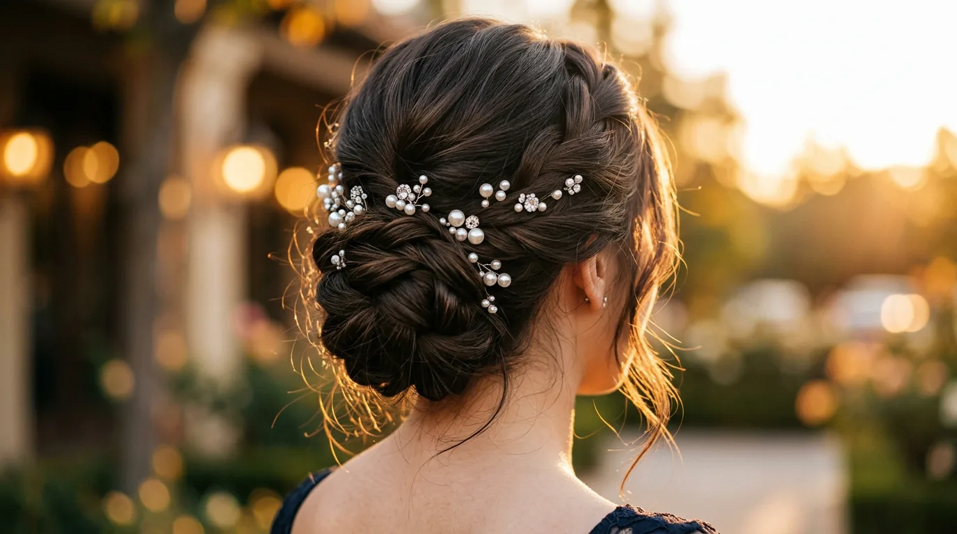 Sophisticated prom updo featuring multiple pearl hair pins nestled in elegant twisted styling