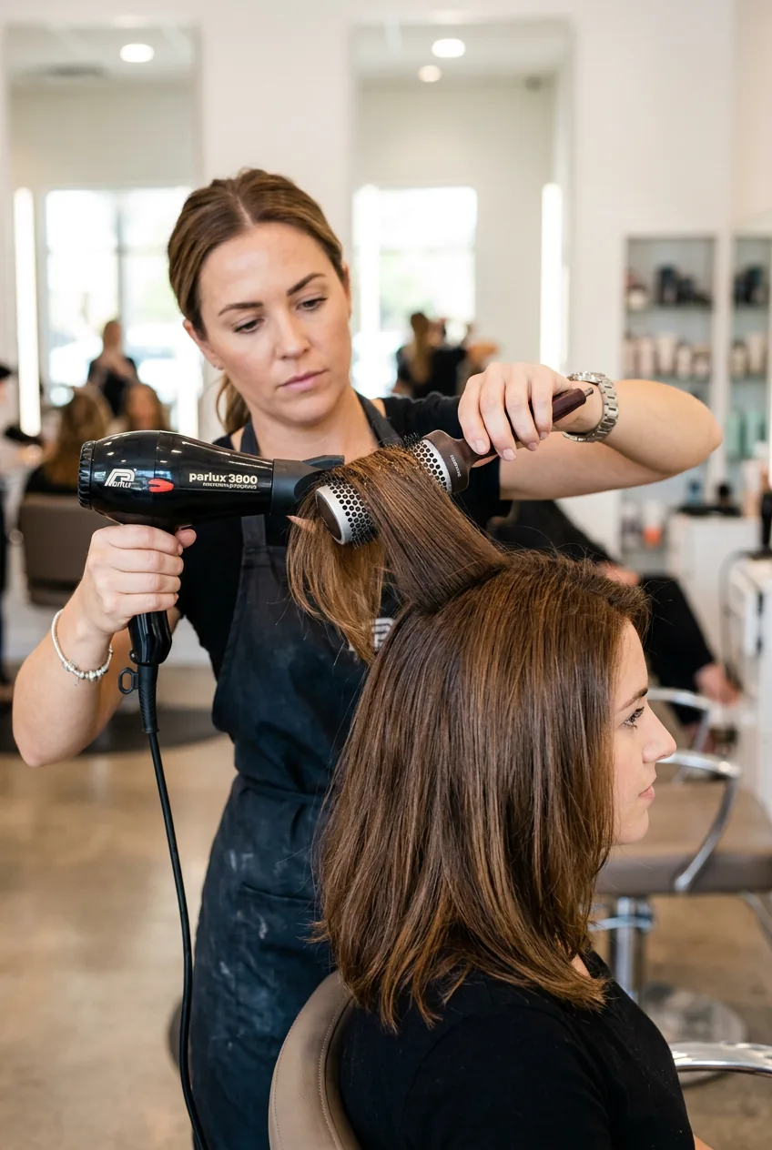 Round brush lifting shoulder length hair section while blow dryer creates volume