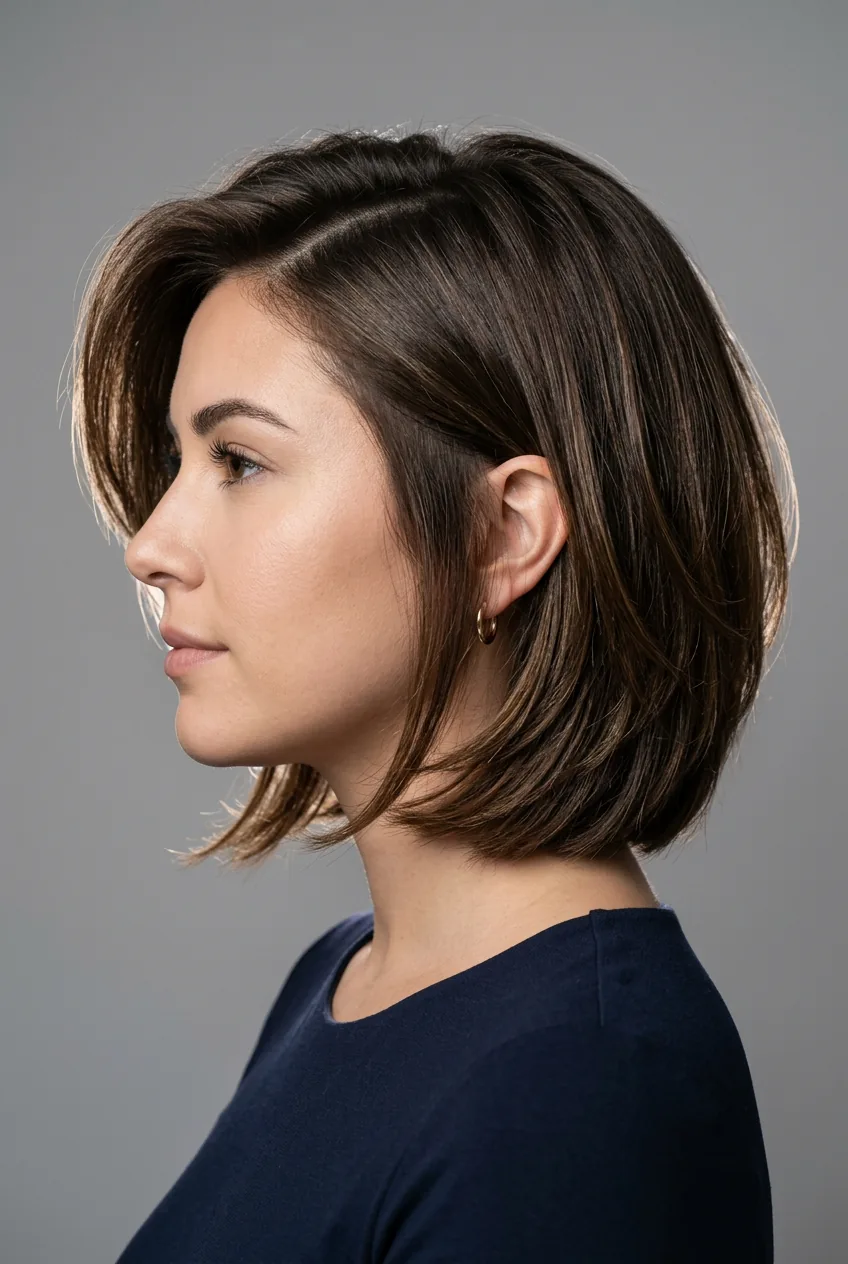 Woman with round face wearing deep side-parted layered bob with angled face-framing pieces falling below the jaw