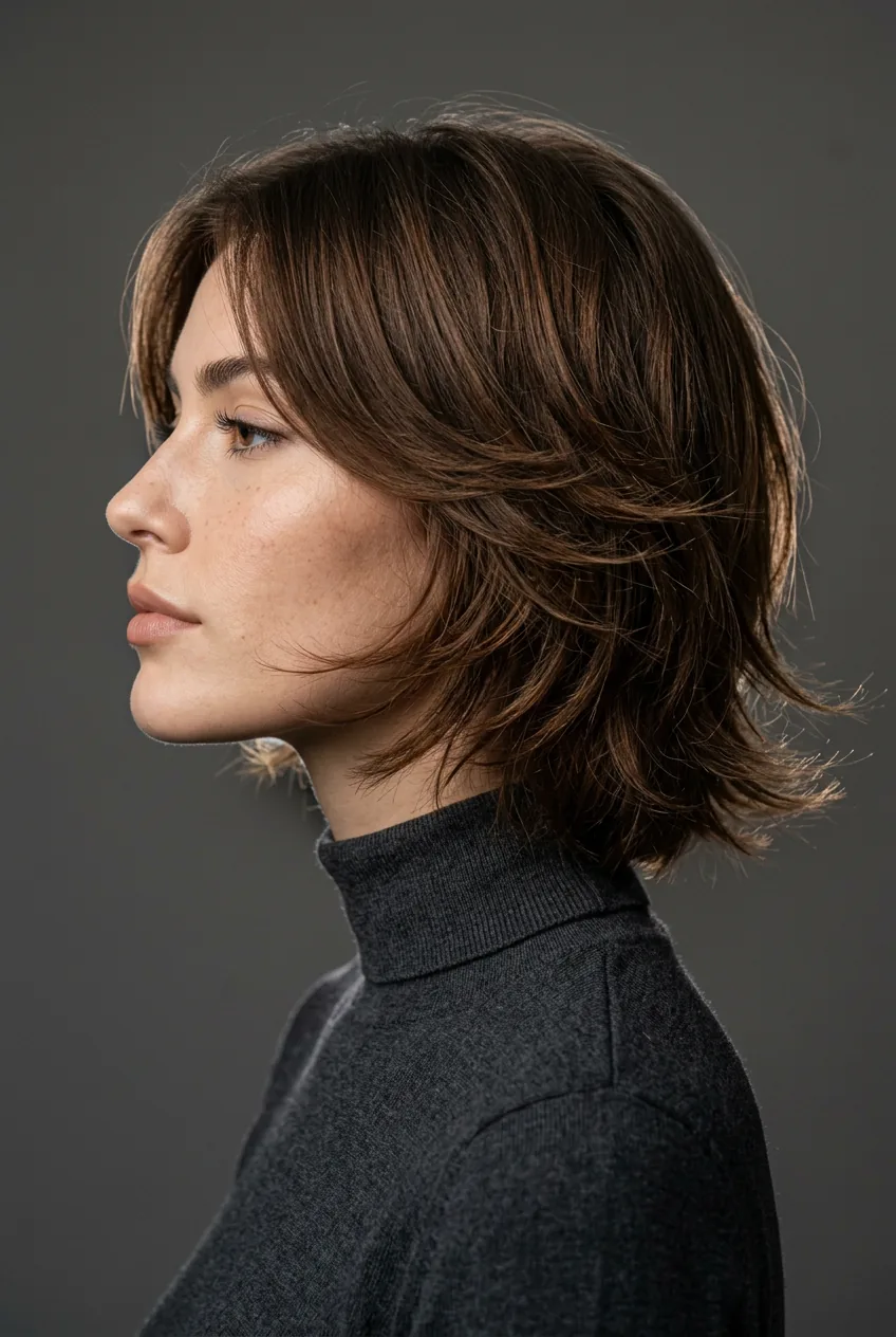 Woman with square jaw wearing 90s layered bob with wispy textured ends flicking softly outward at cheek level