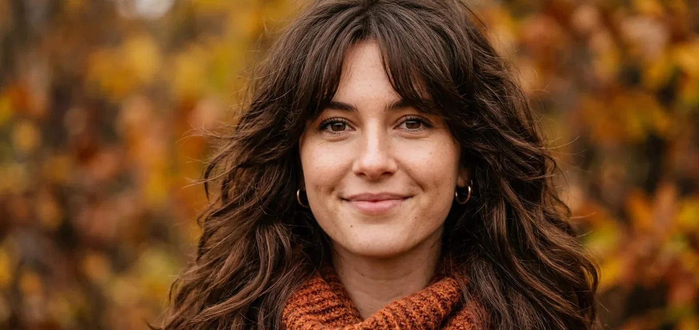 Woman with full 70s shag haircut and curtain fringe in deep brunette against warm autumn bokeh background