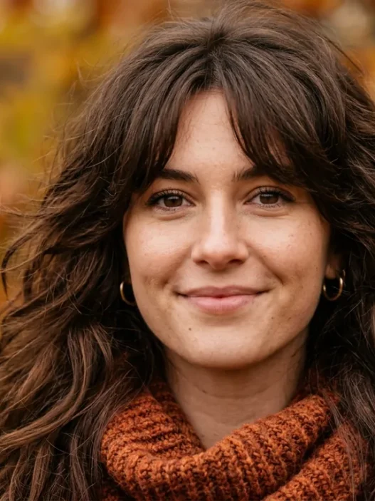 Woman with full 70s shag haircut and curtain fringe in deep brunette against warm autumn bokeh background
