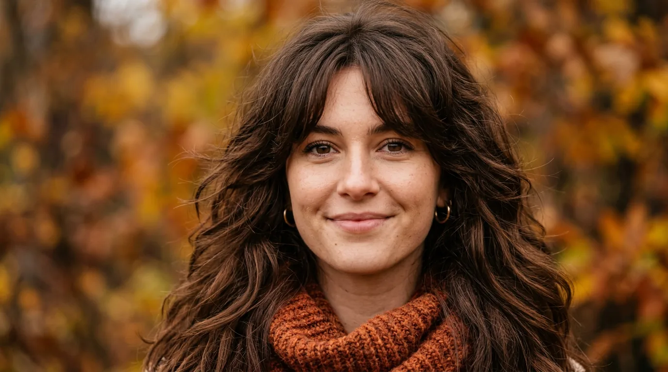 Woman with full 70s shag haircut and curtain fringe in deep brunette against warm autumn bokeh background