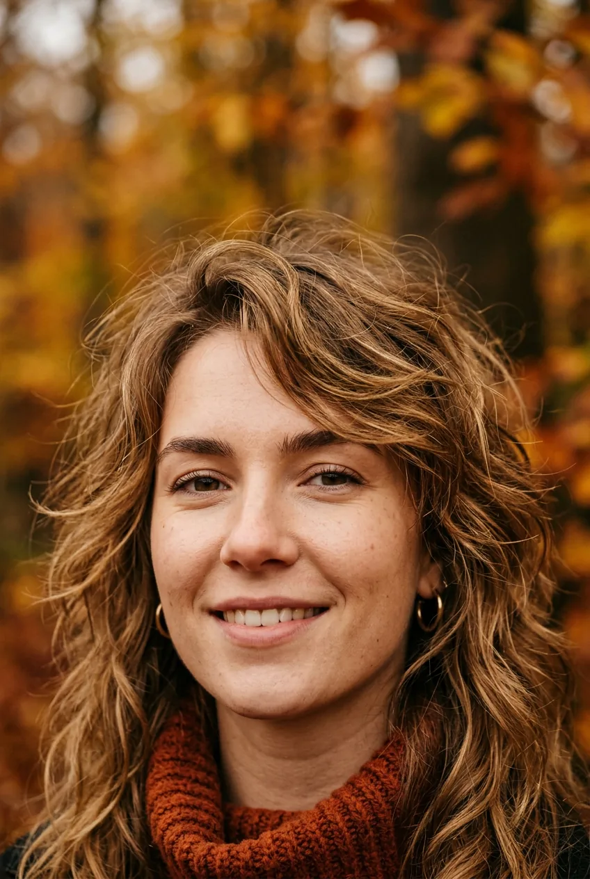 Woman with air-dried 70s shag styled with sea salt spray showing tousled golden brown texture