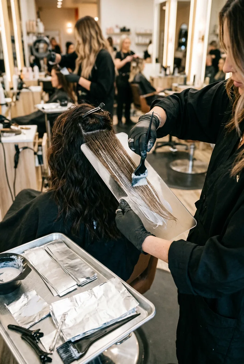 Balayage board with hair section and lightener being applied using angled tint brush