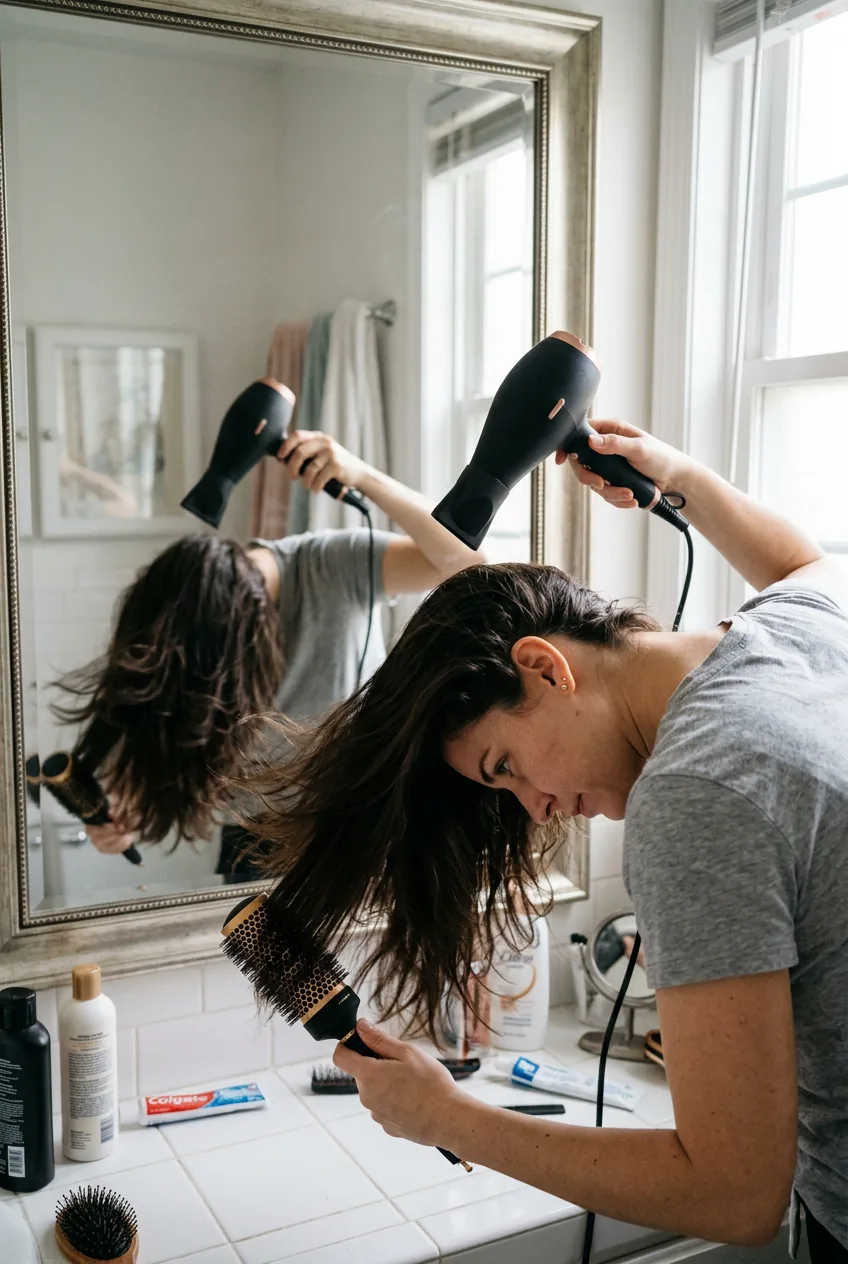 Woman blow-drying her new lob haircut with round brush, head flipped upside down for volume