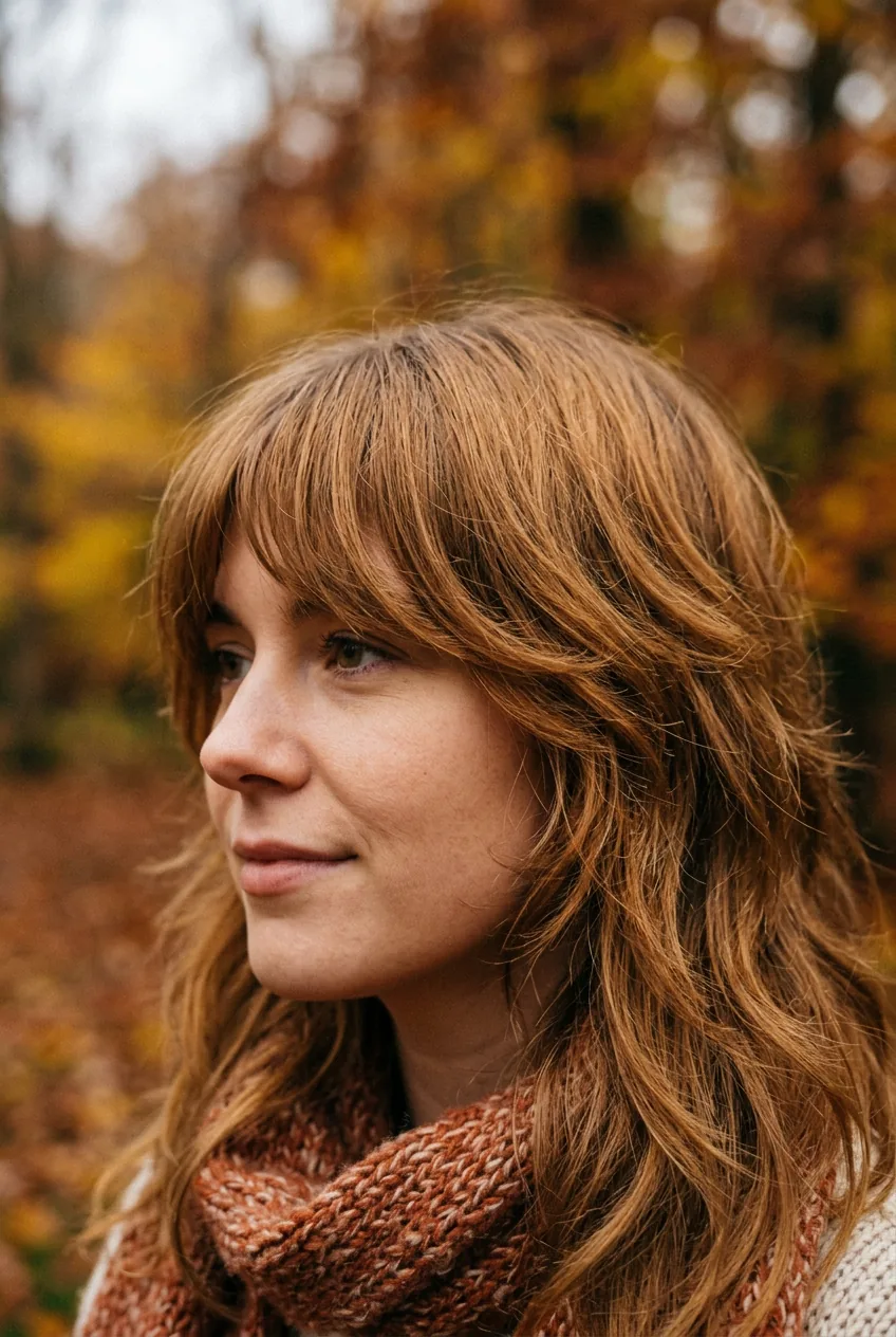 Woman showing classic 70s shag with caramel curtain fringe from a side angle revealing layer structure