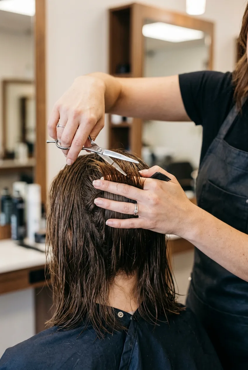 Close-up of stylist's hands cutting back section of lob with scissors angled upward for subtle graduation
