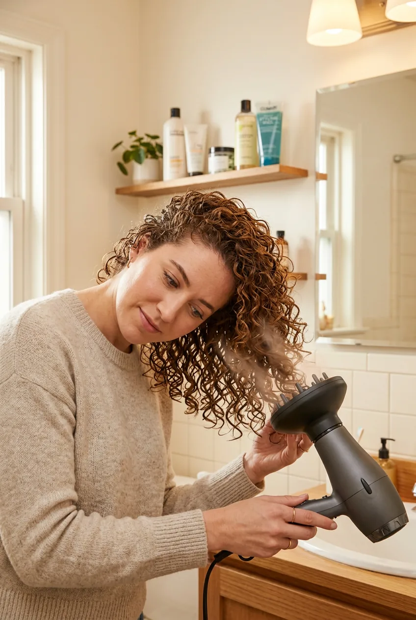 Hair diffuser hovering two inches away from curly hair showing proper technique