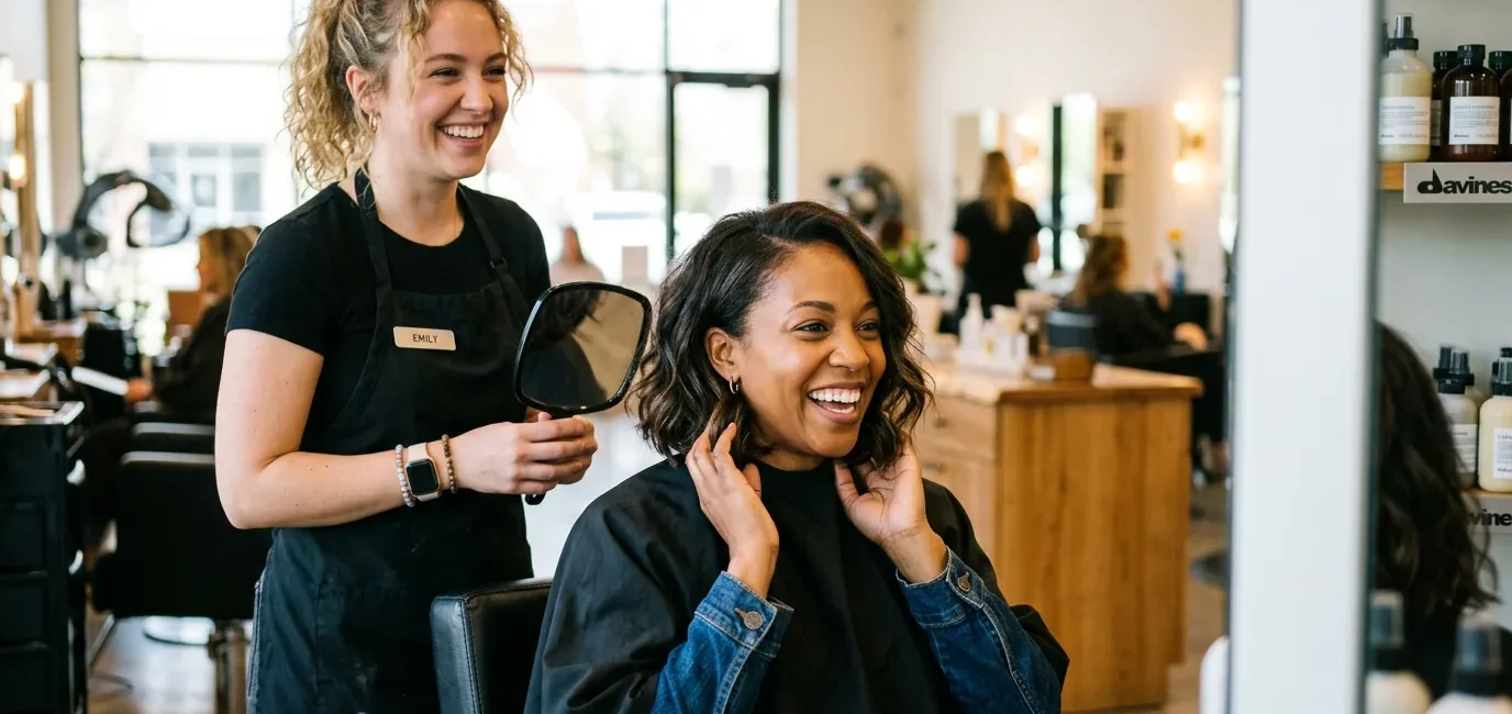 Woman admiring her new shoulder-length lob haircut in salon mirror with stylist standing behind her proudly