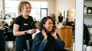 Woman admiring her new shoulder-length lob haircut in salon mirror with stylist standing behind her proudly