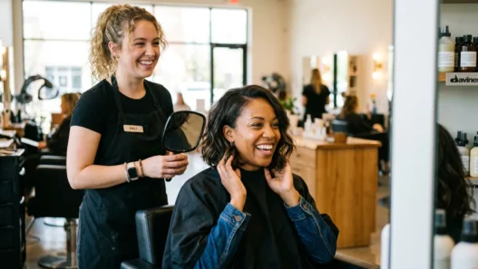 Woman admiring her new shoulder-length lob haircut in salon mirror with stylist standing behind her proudly