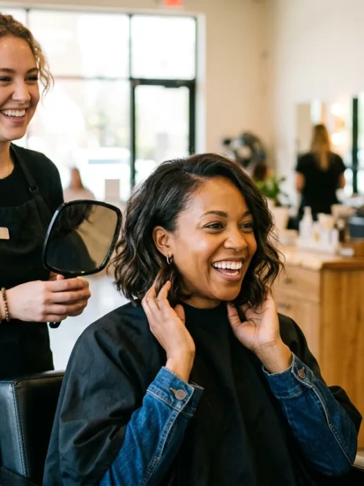 Woman admiring her new shoulder-length lob haircut in salon mirror with stylist standing behind her proudly