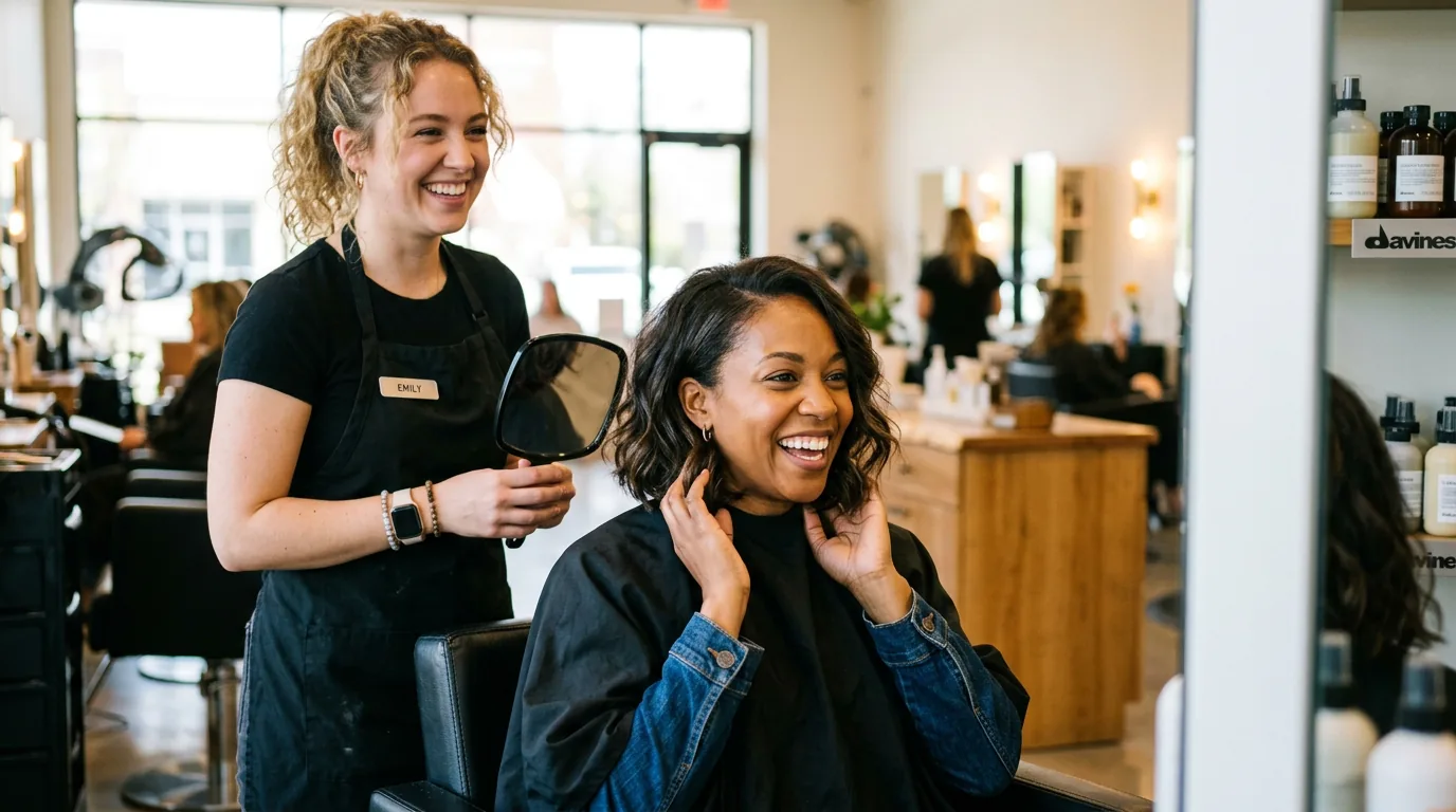 Woman admiring her new shoulder-length lob haircut in salon mirror with stylist standing behind her proudly