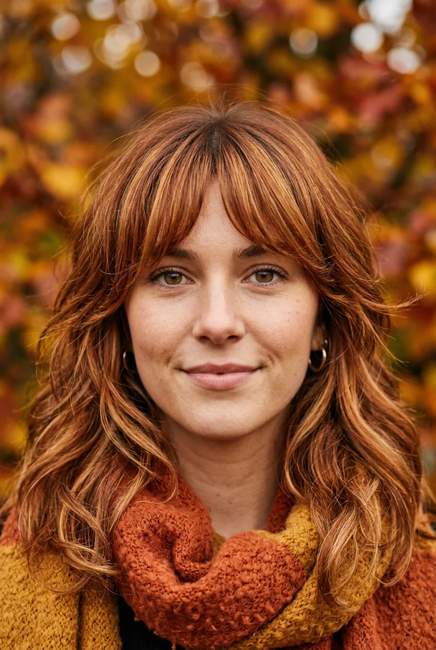 Woman with modern 2026 shag cut featuring curtain fringe and warm amber balayage at shoulder length