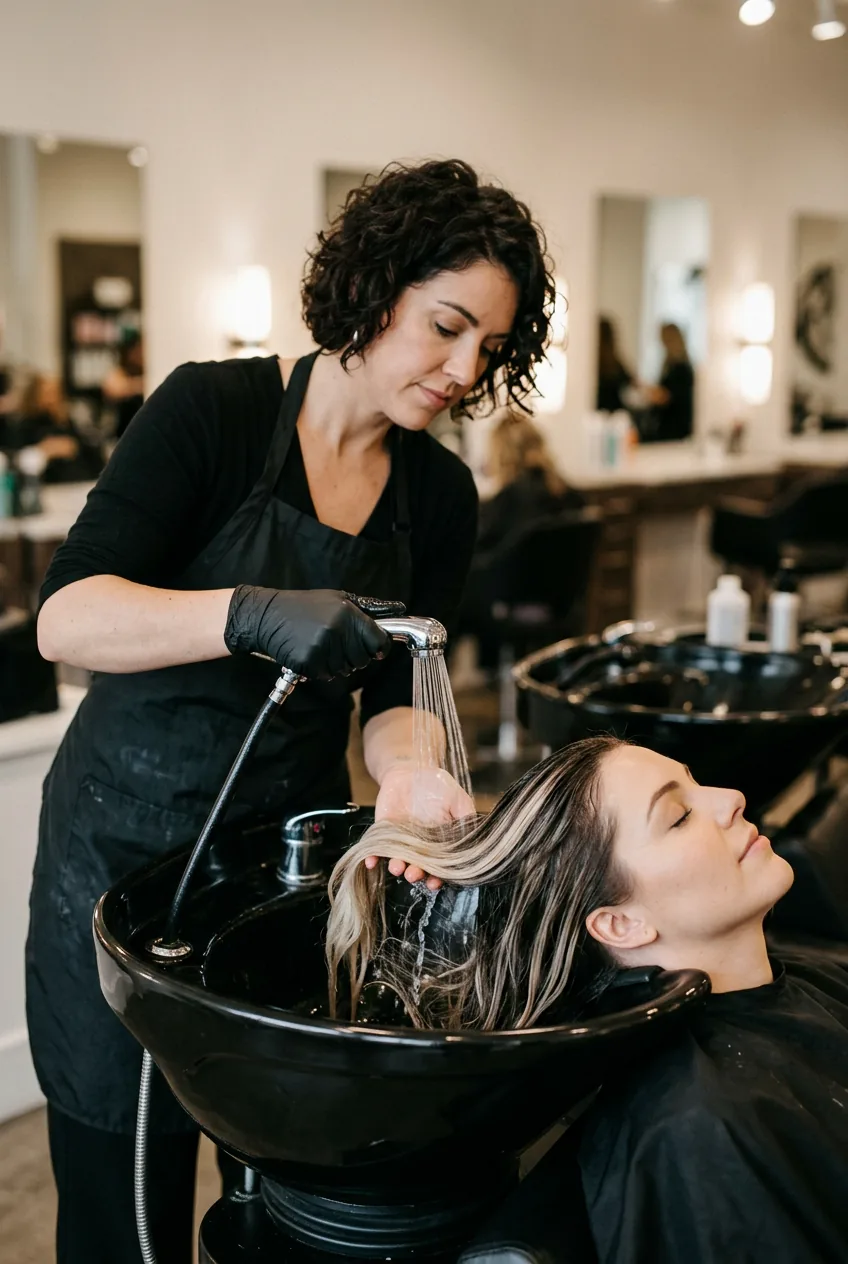 Professional hair rinse technique at salon washbasin with gentle water flow over colored hair