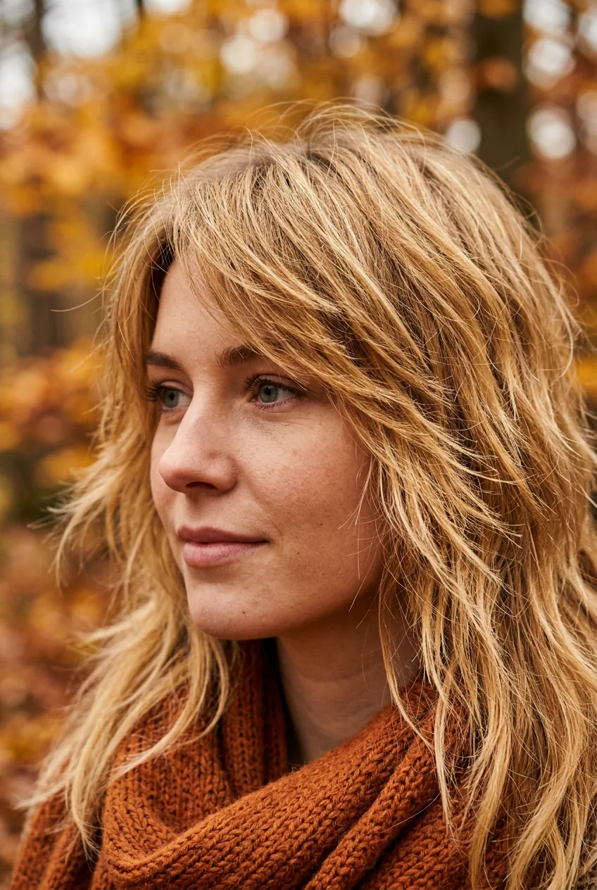 Close-up detail of razor-cut feathered ends on a honey blonde shaggy layered haircut
