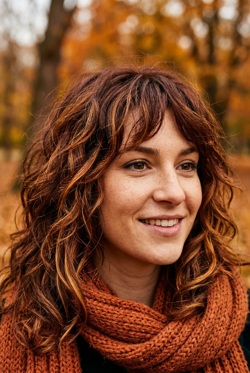 Woman at eight weeks post-shag showing loosened layers with emerging natural wave texture in auburn hair