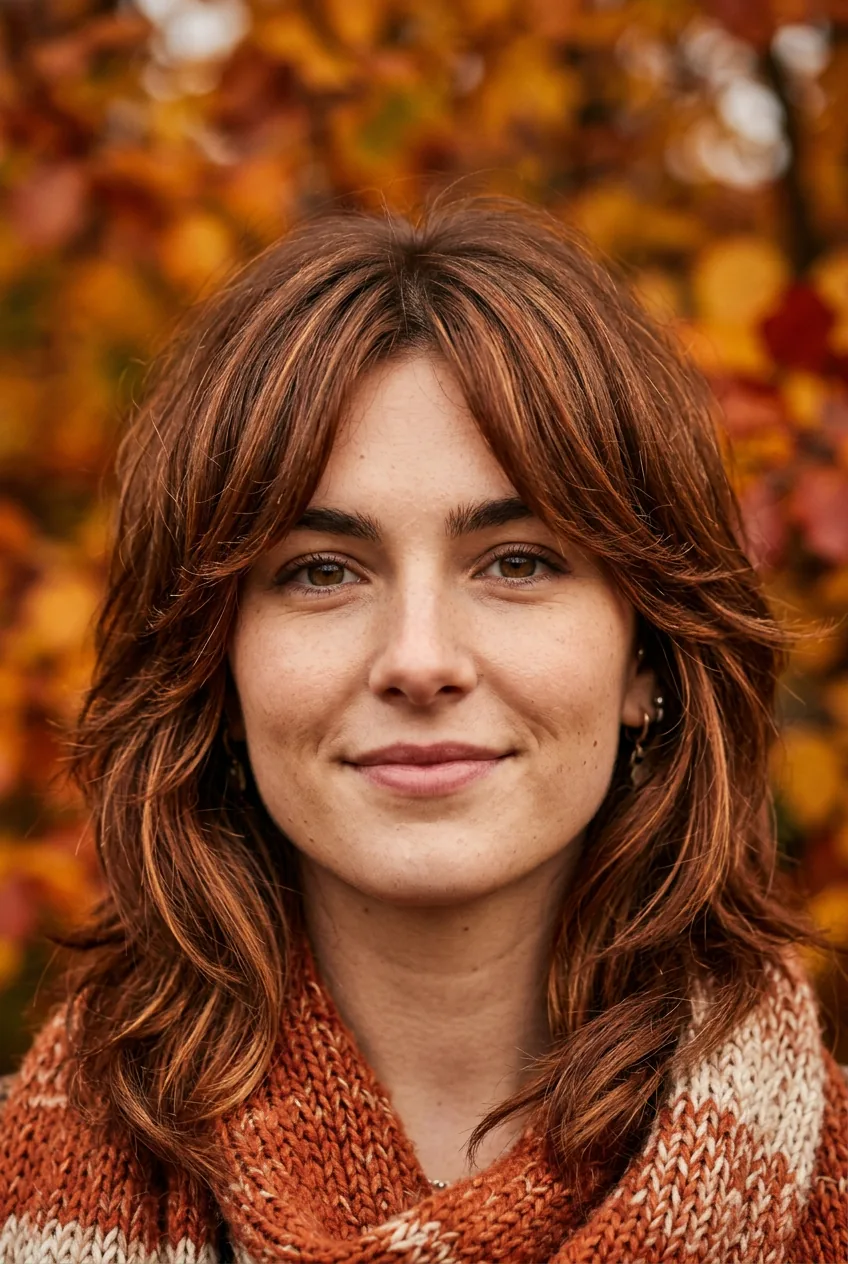 Woman with shoulder-length 70s shag cut showing how layers frame a square jawline in warm chestnut