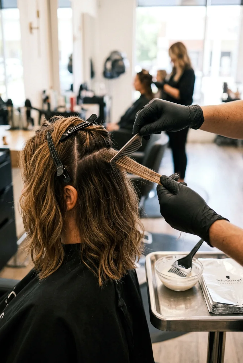 Close-up of hands sectioning shoulder-length hair for strategic balayage highlight placement