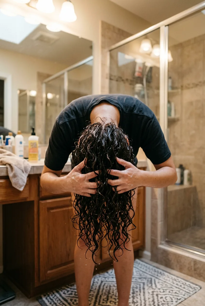 Woman flipped upside down scrunching wet curls upward toward scalp in bathroom