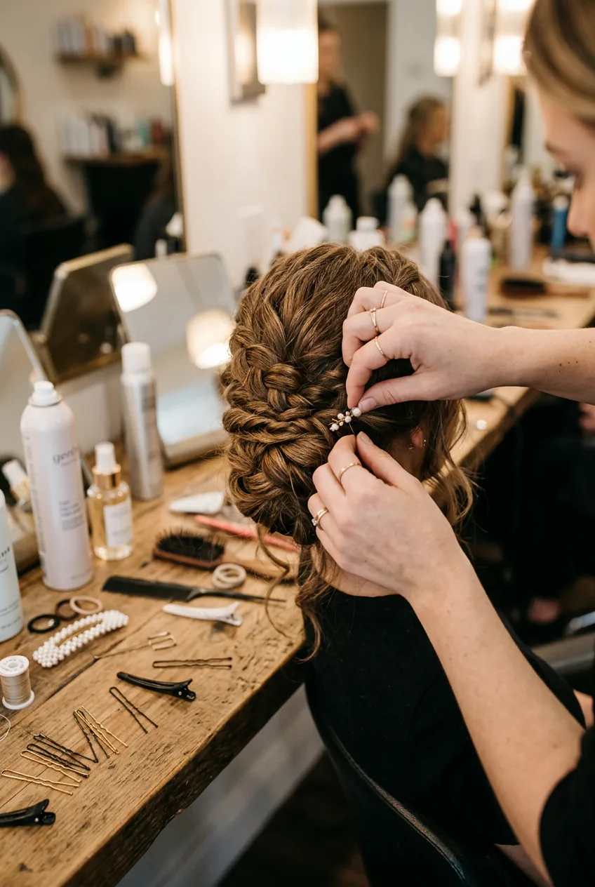 Hands creating braided updo hairstyle with bobby pins and styling tools visible on vanity surface