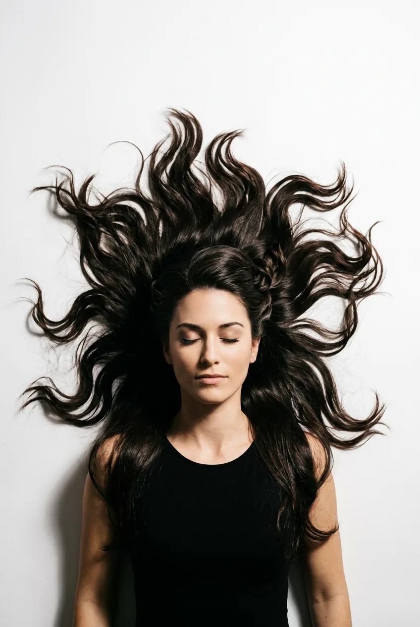 Dark long hair in half-up half-down style with twisted sides from bird's eye view