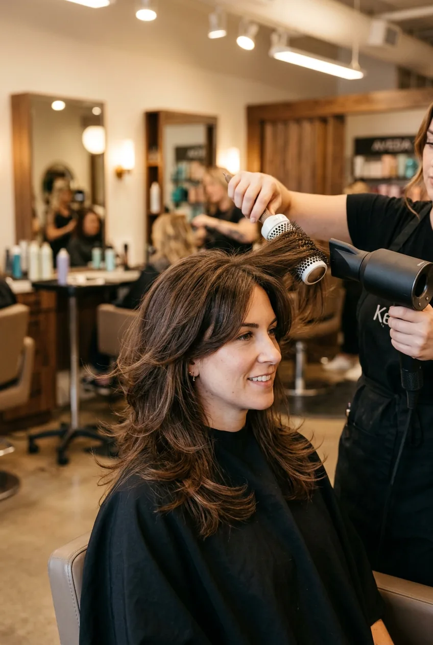 Woman getting butterfly haircut styled with round brush showing natural movement and volume
