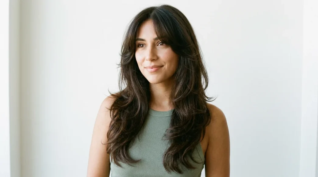 Woman with long dark brown 90s layered blowout and curtain bangs in bright studio light
