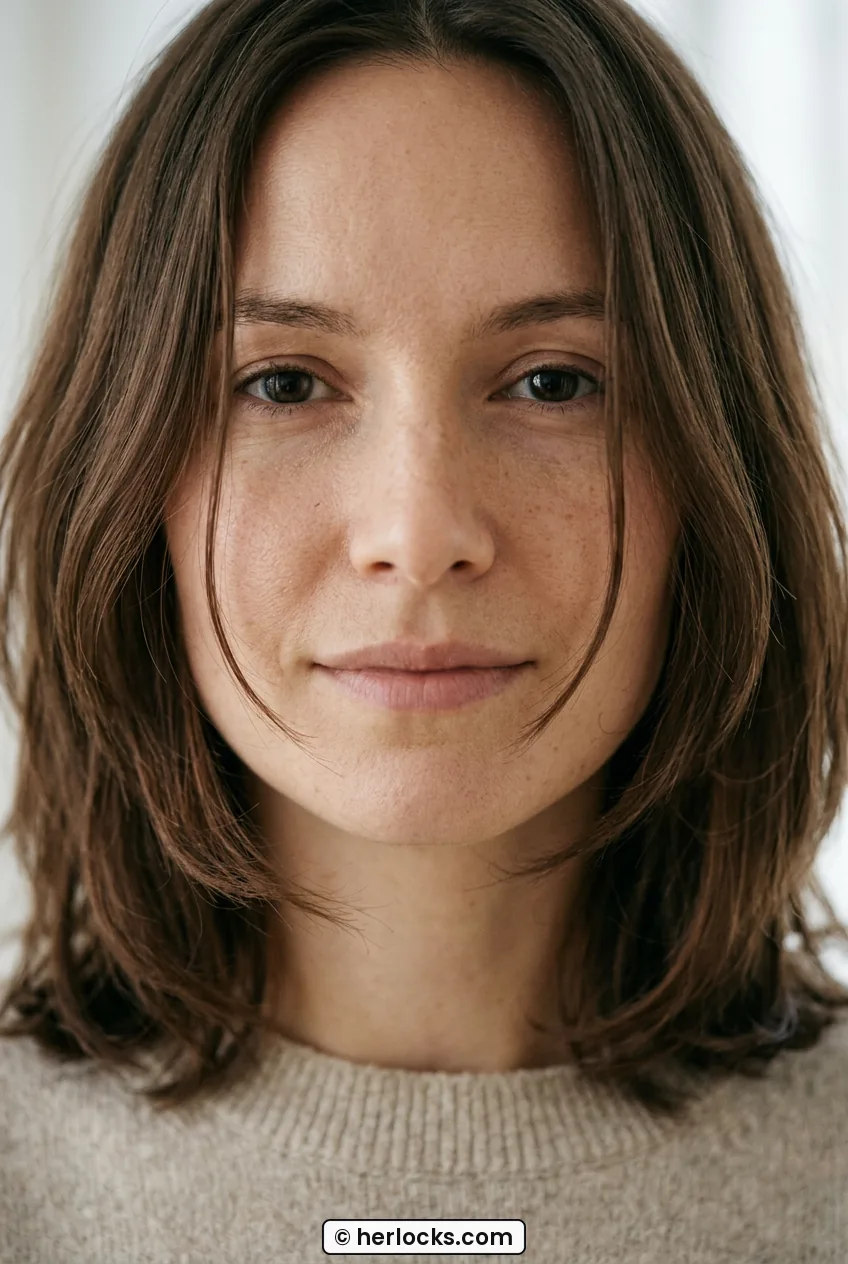 Woman with air-dried chocolate brown hair showing soft natural bend at jaw