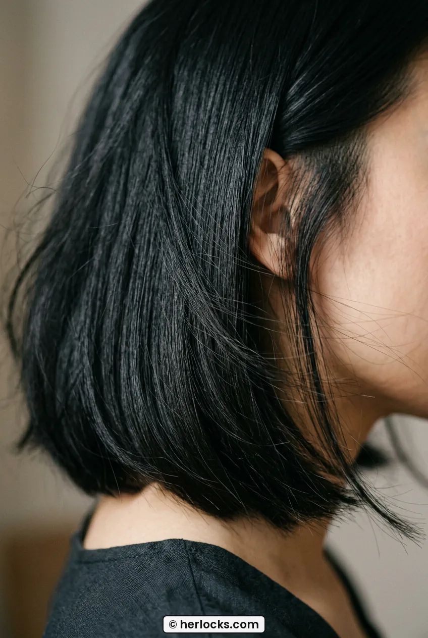 Close-up of woman with airy chin-grazing bob showing fine straight hair movement