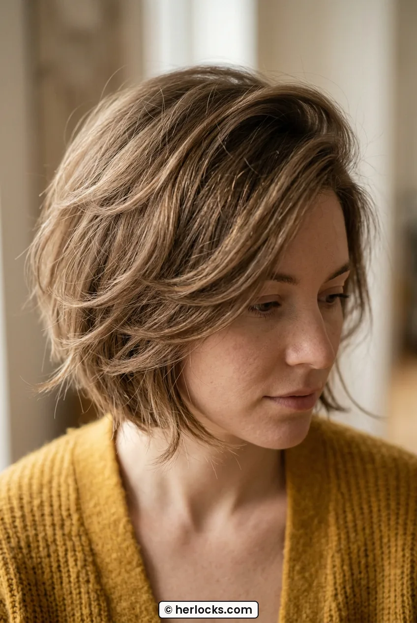 Top view of woman showing airy crown volume and point-cut ends on layered bob